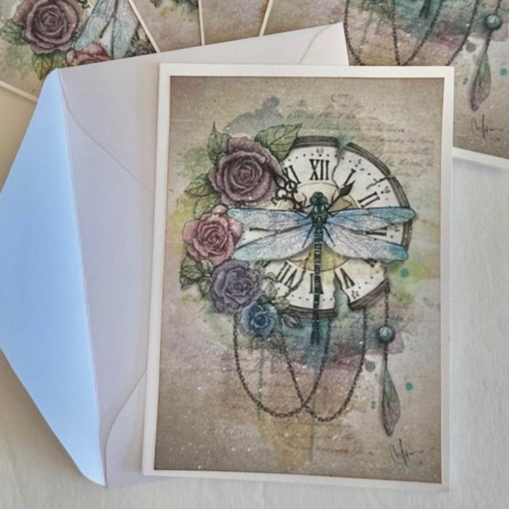 Set of 5- DRAGONFLY CLOCK handmade folded blank gift, greeting, journaling, happ